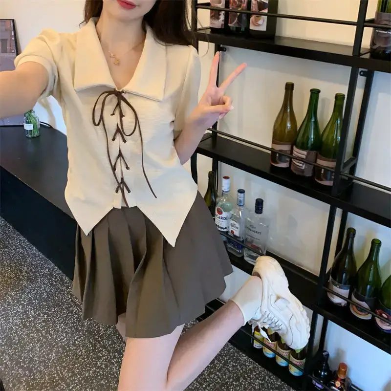 Women Apricot Strap Collar Short Sleeve 2023 Summer Top — feature 7