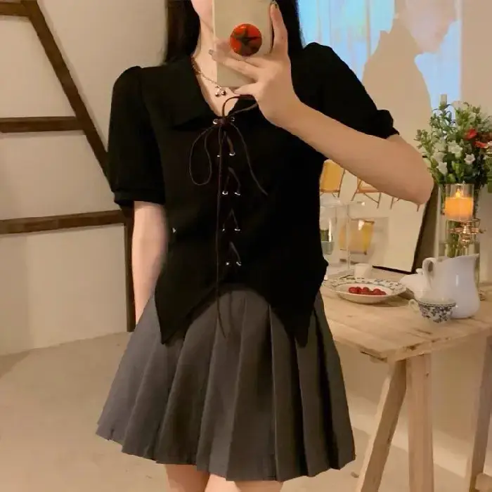 Women Apricot Strap Collar Short Sleeve 2023 Summer Top - Image 2