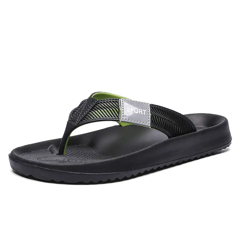 Men's Black Green Strap Flat Sandals Summer - Image 2
