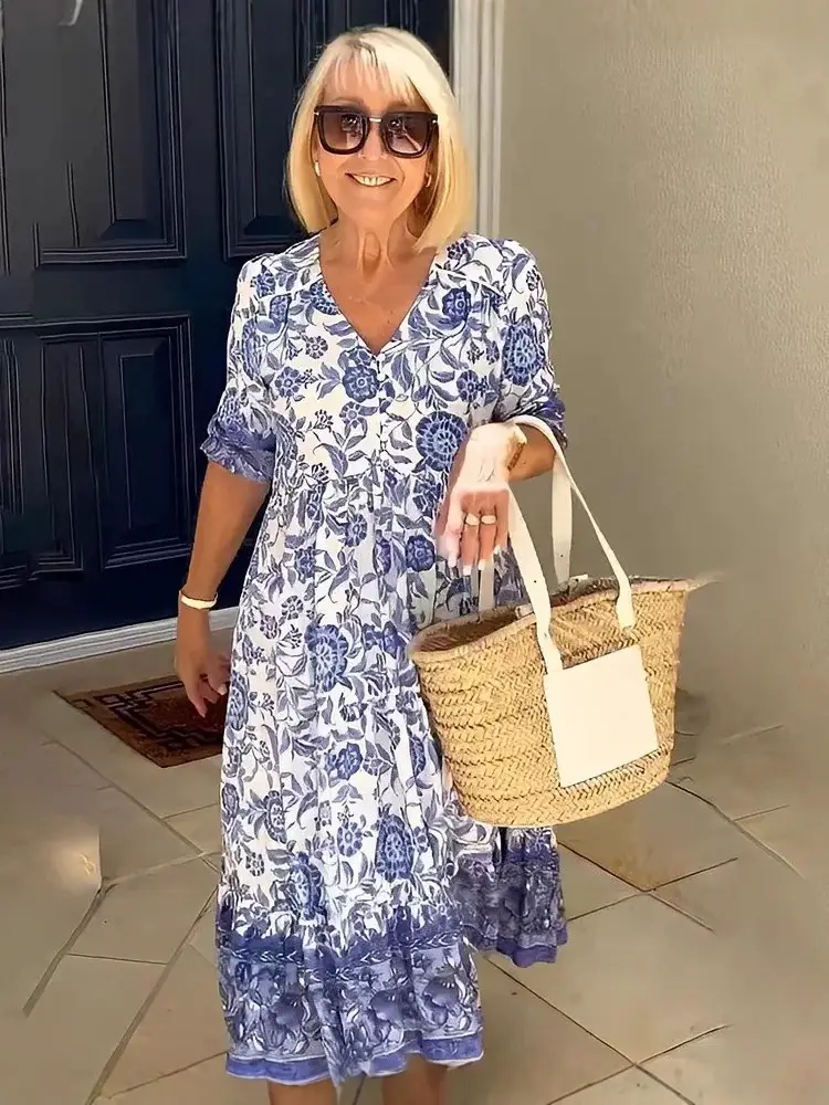 2025 V Neck Floral Dress Large Size Beach Wear - Image 6