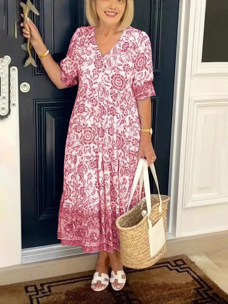 2025 V Neck Floral Dress Large Size Beach Wear - Image 8