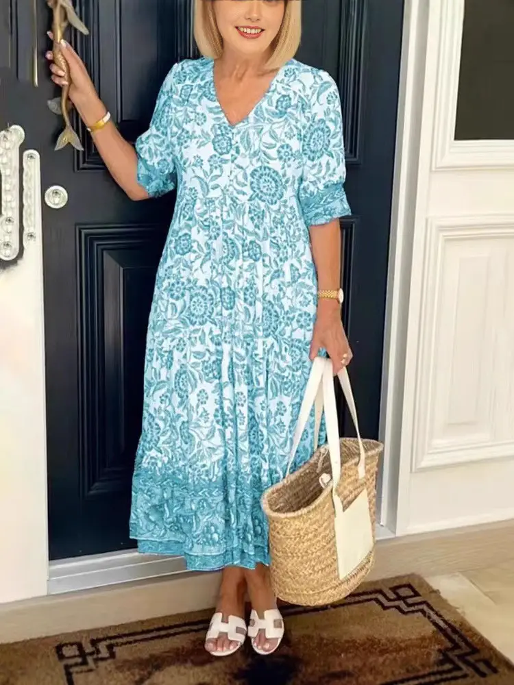 2025 V Neck Floral Dress Large Size Beach Wear - Image 10