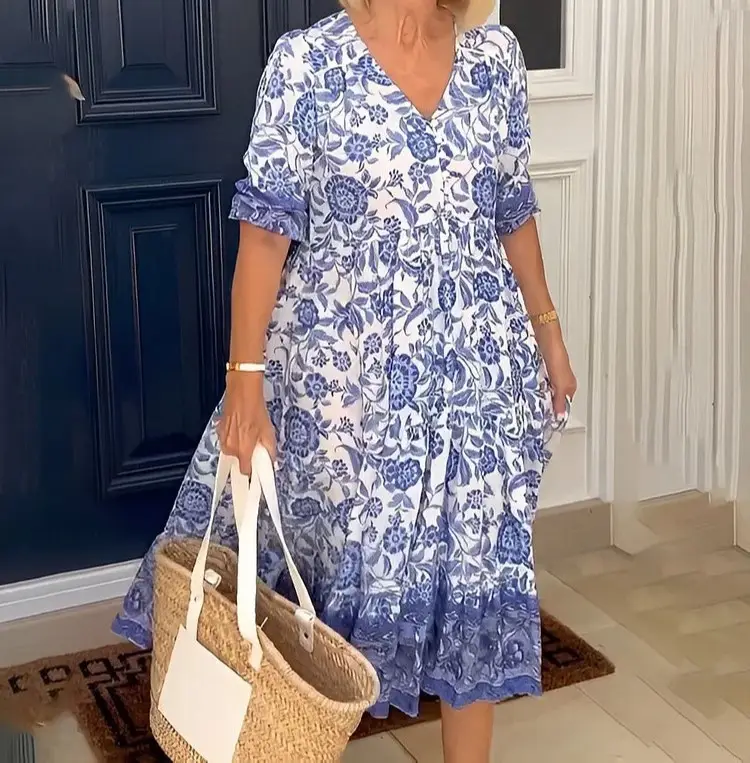 2025 V Neck Floral Dress Large Size Beach Wear - Image 2