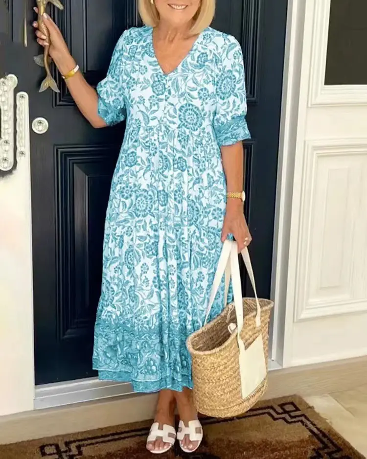2025 V Neck Floral Dress Large Size Beach Wear - Image 3