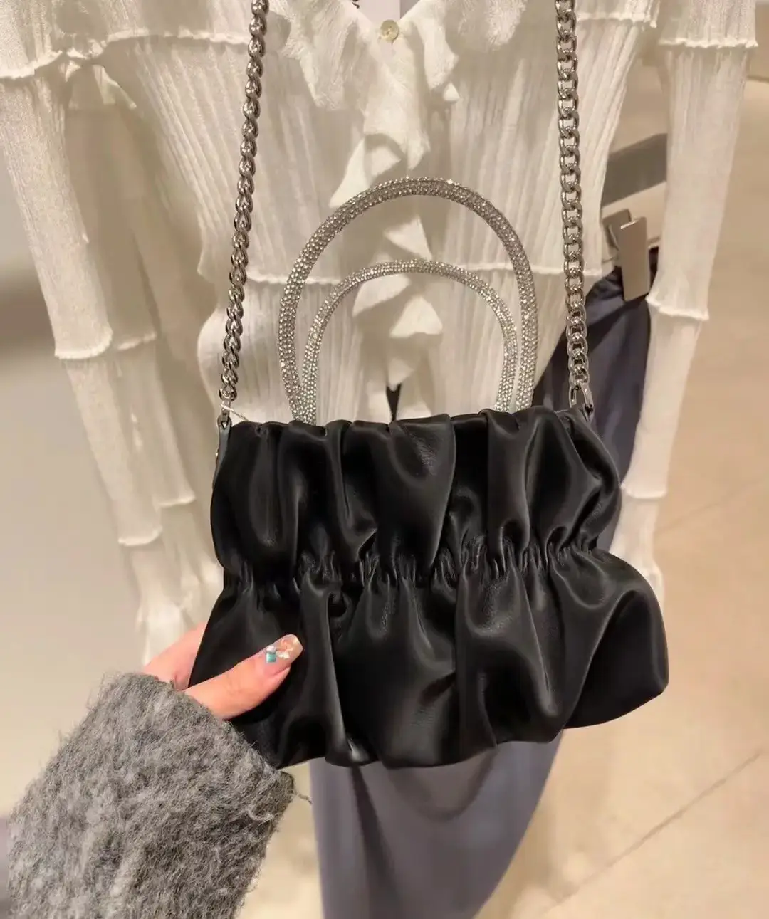 Female Rhinestone Pleated Shoulder Bag Black Mint Chain Crossbody — feature 11