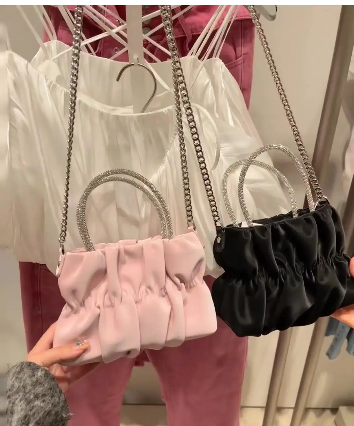 Female Rhinestone Pleated Shoulder Bag Black Mint Chain Crossbody — feature 3