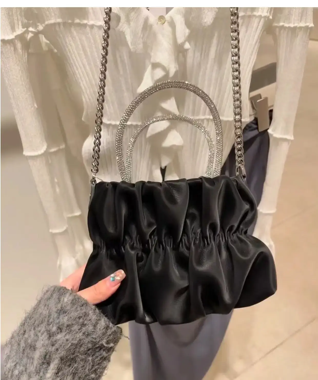 Female Rhinestone Pleated Shoulder Bag Black Mint Chain Crossbody — feature 7