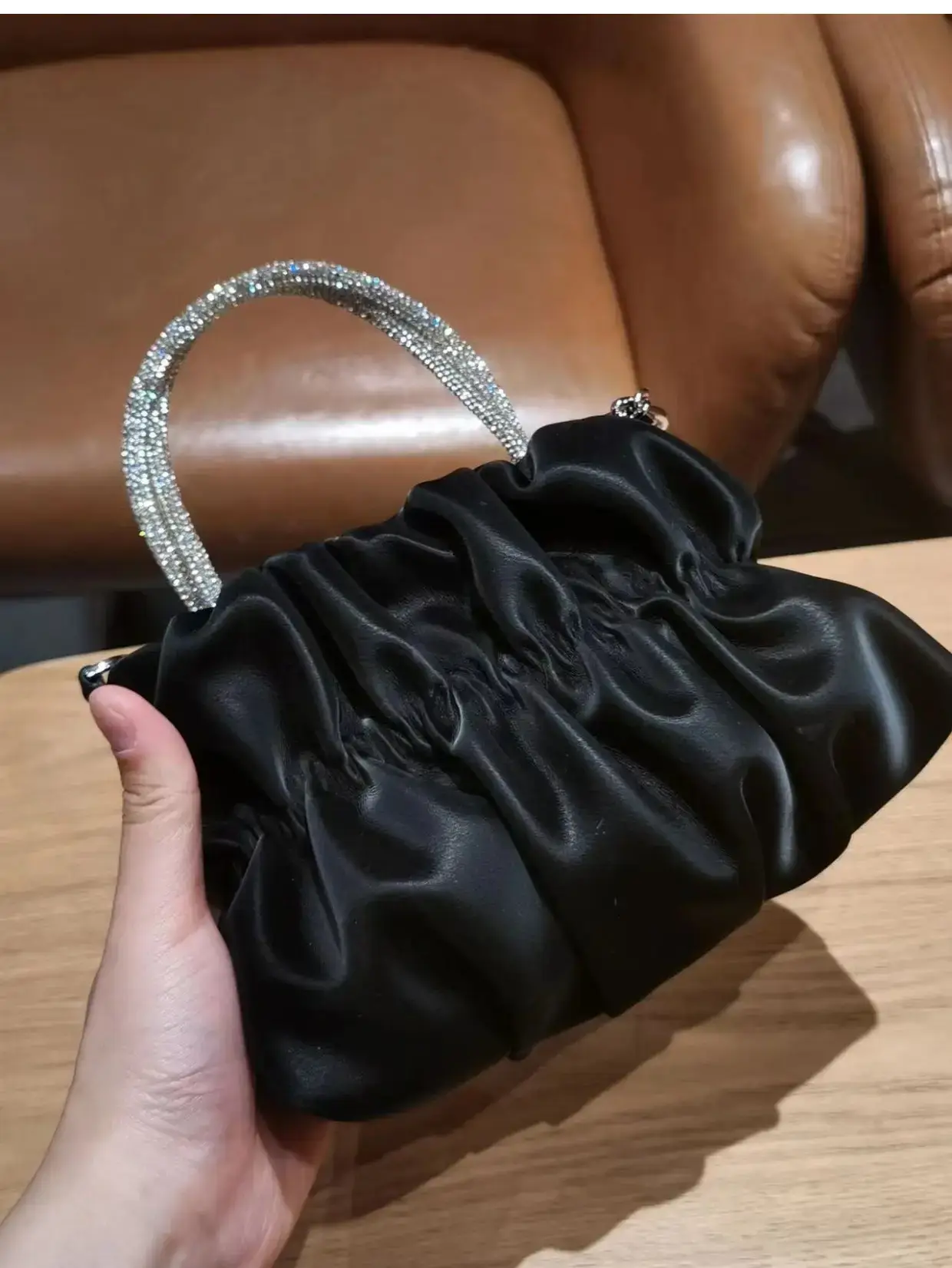 Female Rhinestone Pleated Shoulder Bag Black Mint Chain Crossbody — feature 8