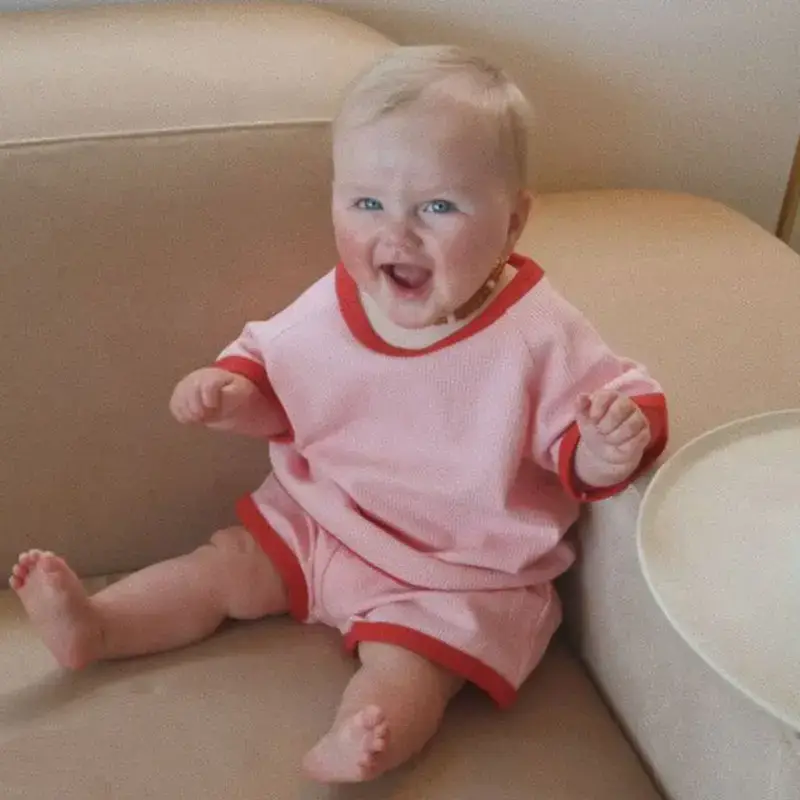 Pink Kids Shorts Set with Red Trim for Girls - Image 7