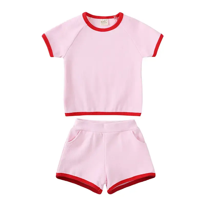 Pink Kids Shorts Set with Red Trim for Girls - Image 3