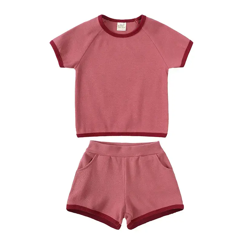 Pink Kids Shorts Set with Red Trim for Girls - Image 5