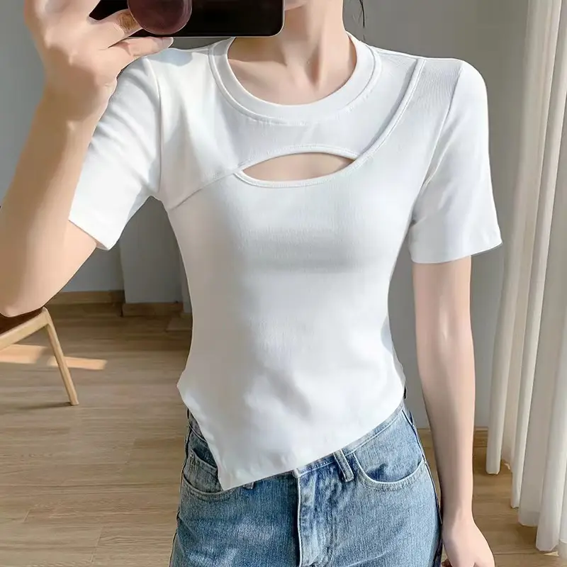 Women White Hollow Short Sleeve T-Shirt Irregular Hem - Image 6