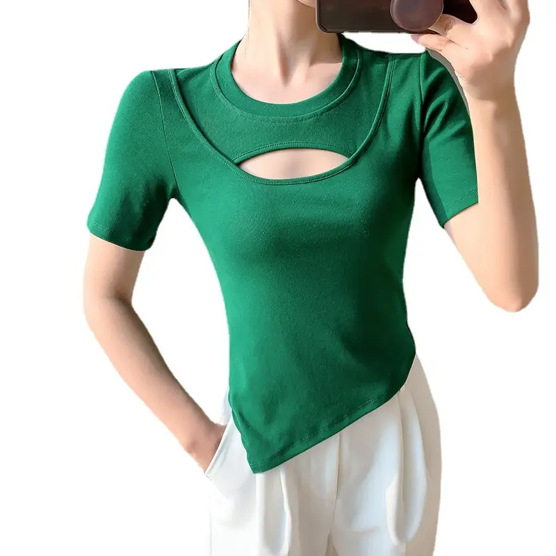 Women White Hollow Short Sleeve T-Shirt Irregular Hem - Image 8