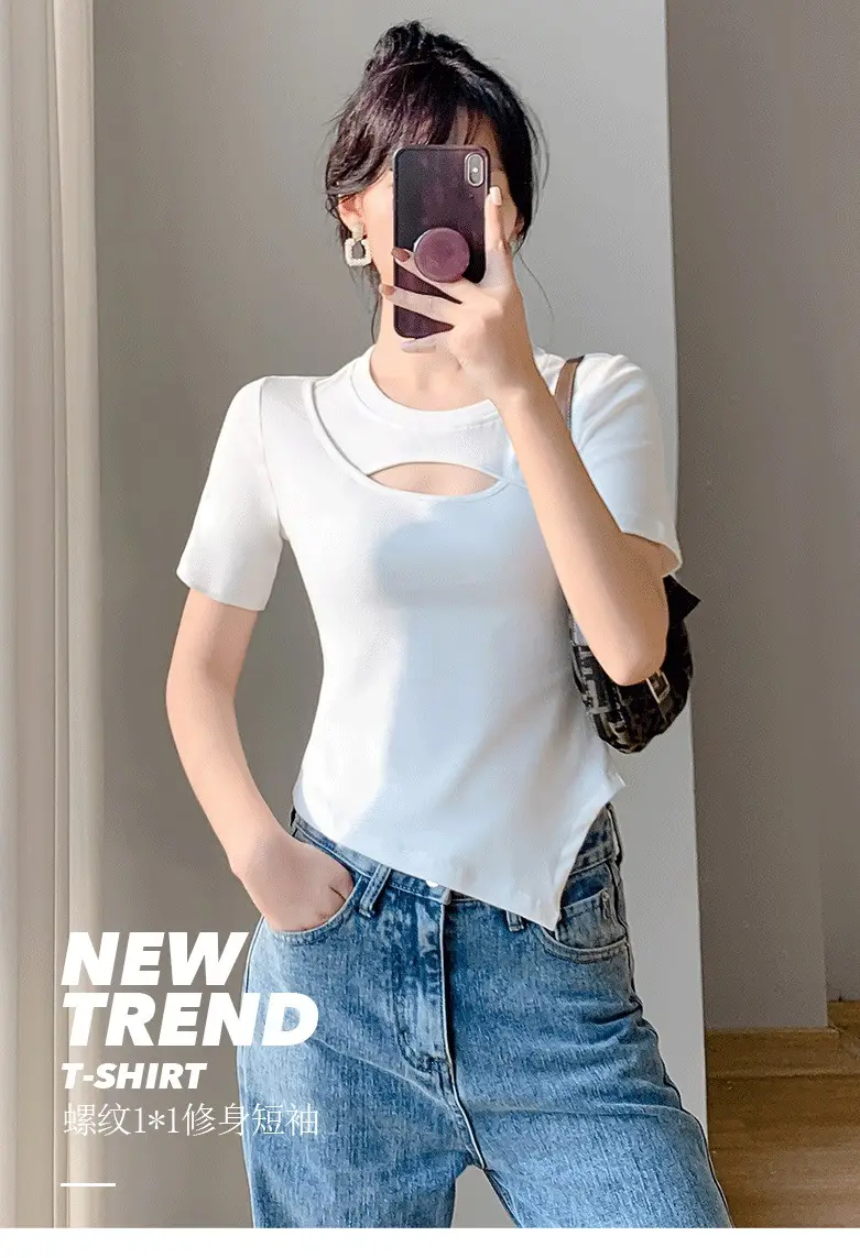 Women White Hollow Short Sleeve T-Shirt Irregular Hem — feature 1