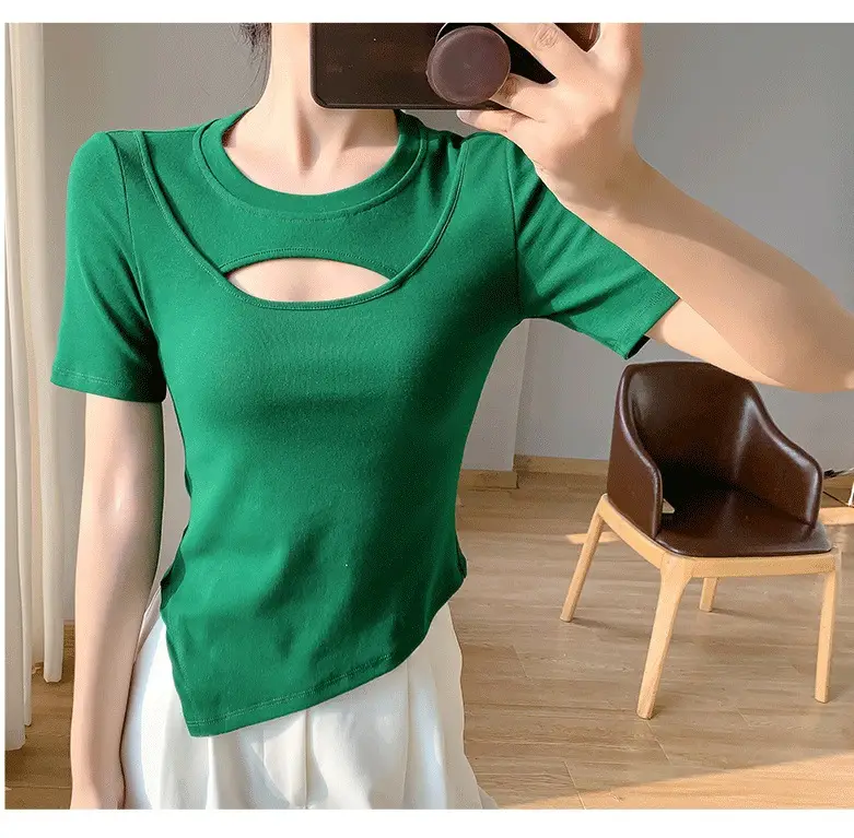 Women White Hollow Short Sleeve T-Shirt Irregular Hem — feature 10