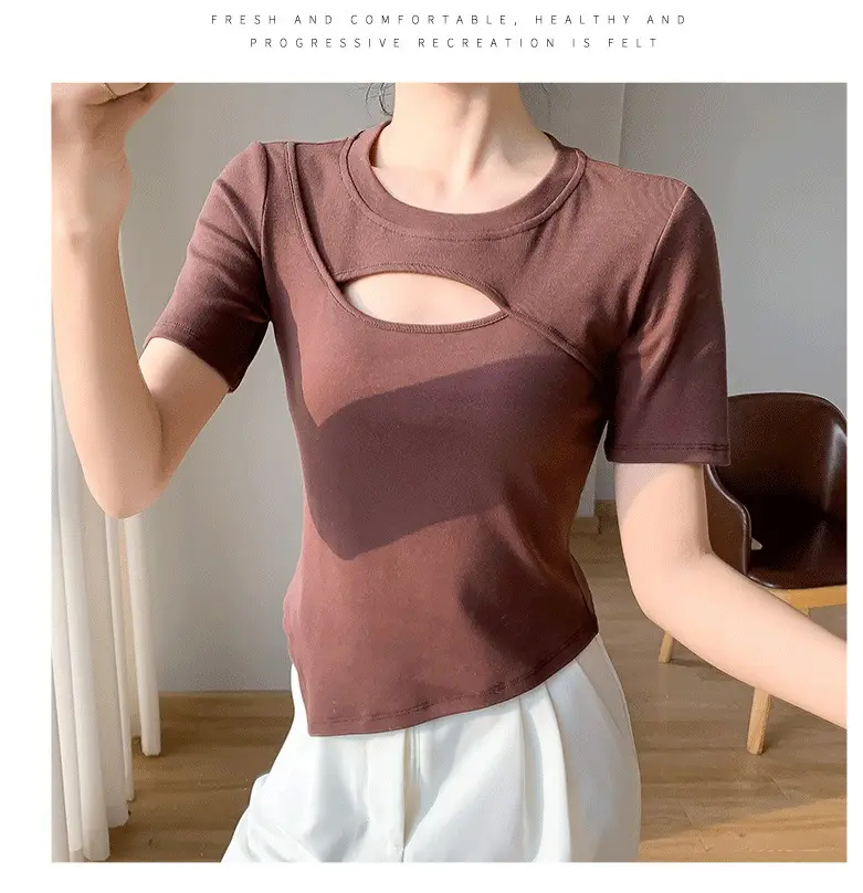 Women White Hollow Short Sleeve T-Shirt Irregular Hem — feature 11