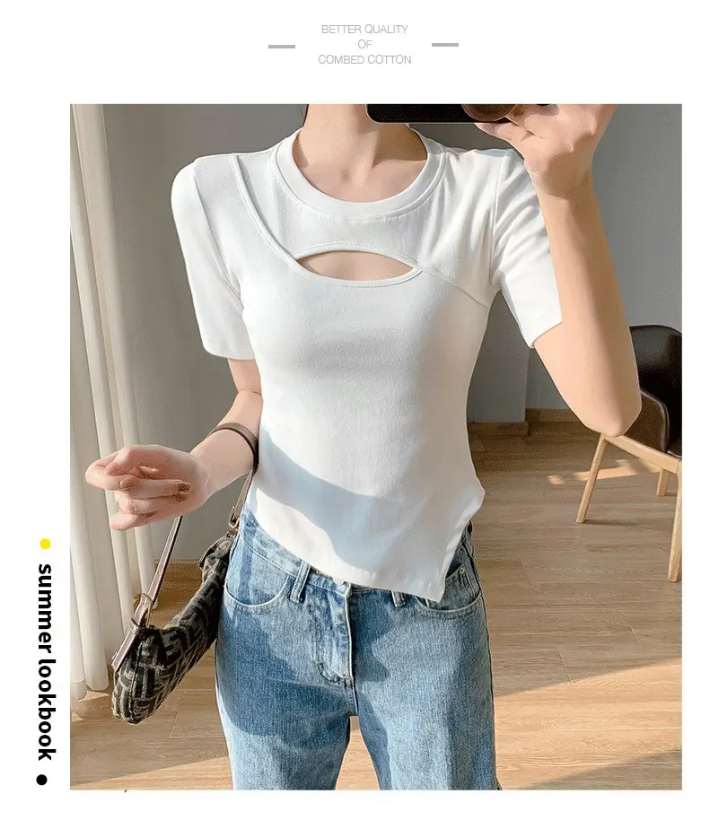 Women White Hollow Short Sleeve T-Shirt Irregular Hem — feature 2