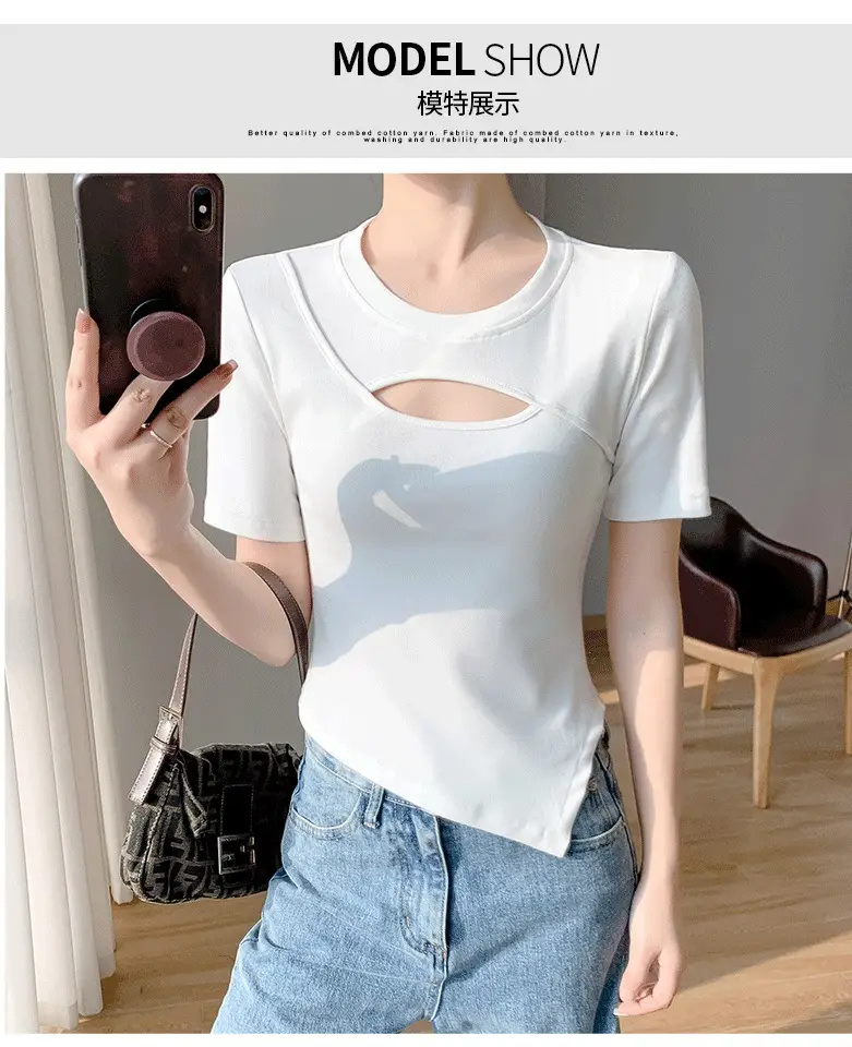 Women White Hollow Short Sleeve T-Shirt Irregular Hem — feature 7