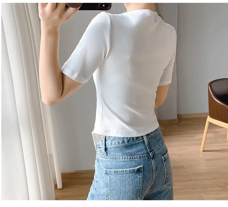 Women White Hollow Short Sleeve T-Shirt Irregular Hem — feature 8