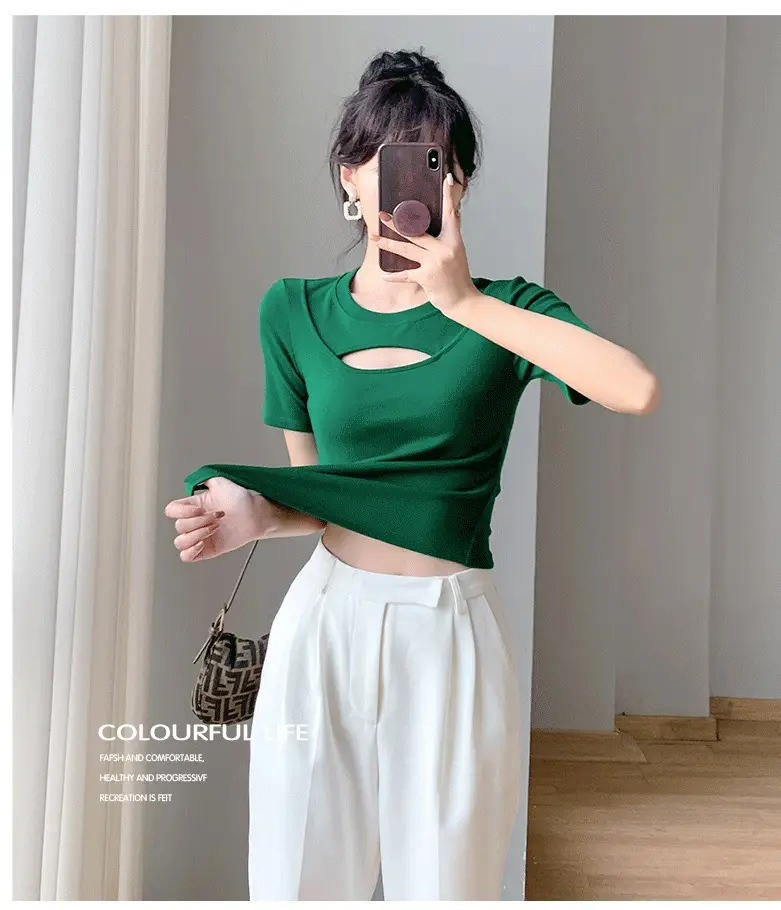 Women White Hollow Short Sleeve T-Shirt Irregular Hem — feature 9