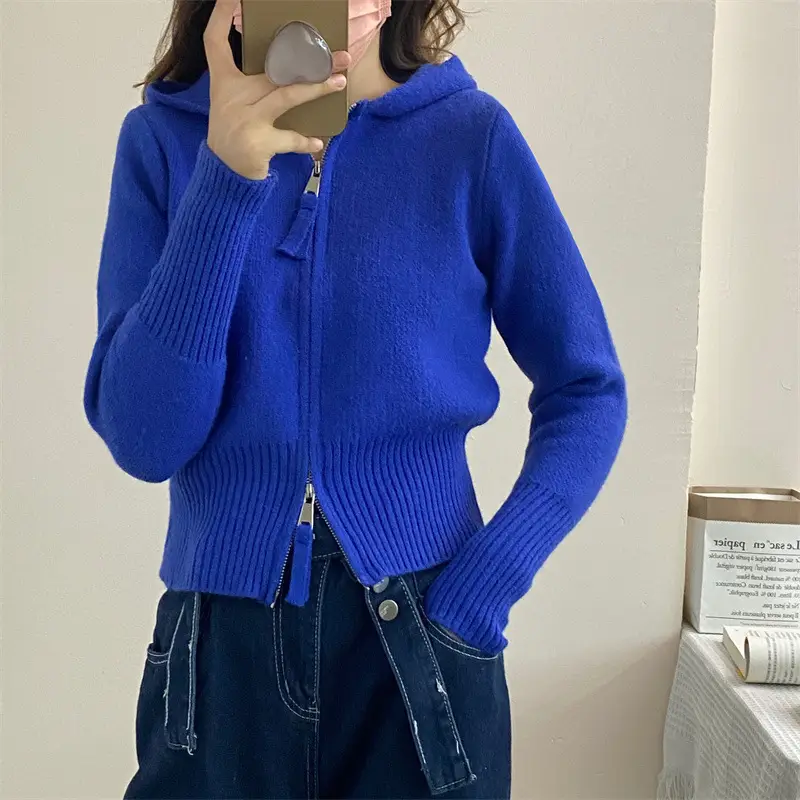 Women Knitted Cardigan with Hood Zipper Sleeve