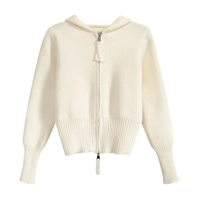 Women Knitted Cardigan with Hood Zipper Sleeve