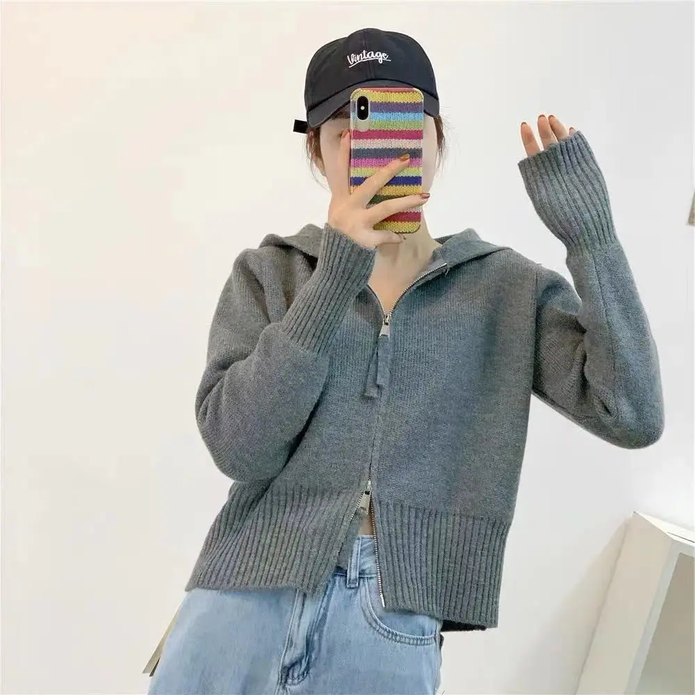Women Knitted Cardigan with Hood Zipper Sleeve