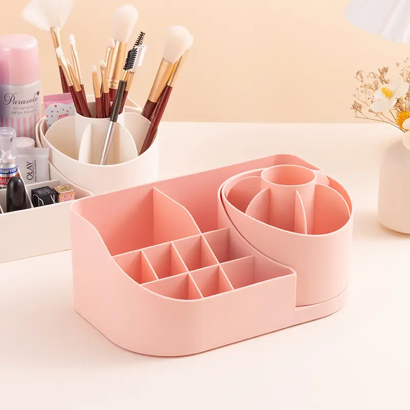 Rotating Makeup Storage Box Pink Beige 2-Pack