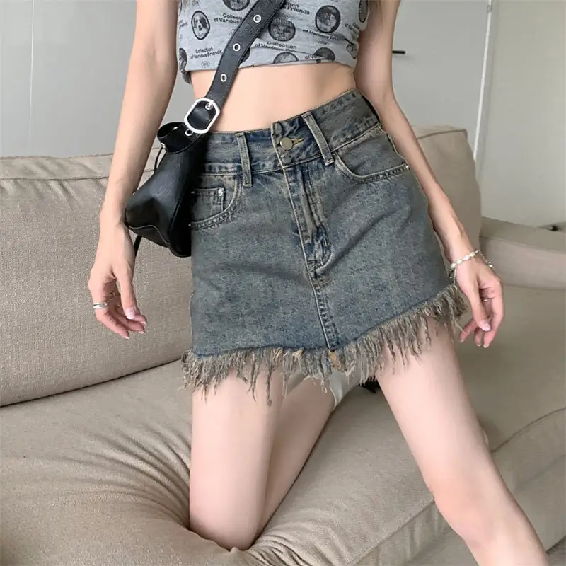 Frayed Denim High Waist Skirt for Women Summer - Image 2