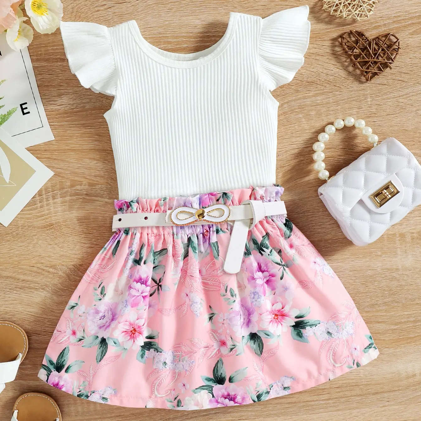 Korean Style Girl's Cotton Floral Skirt Set
