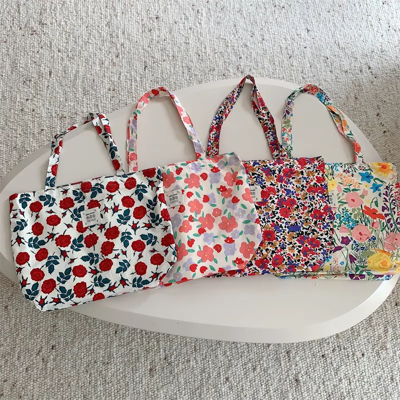 Summer Floral Canvas Beach Bag Large Capacity