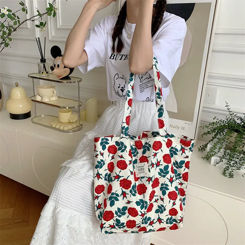Summer Floral Canvas Beach Bag Large Capacity