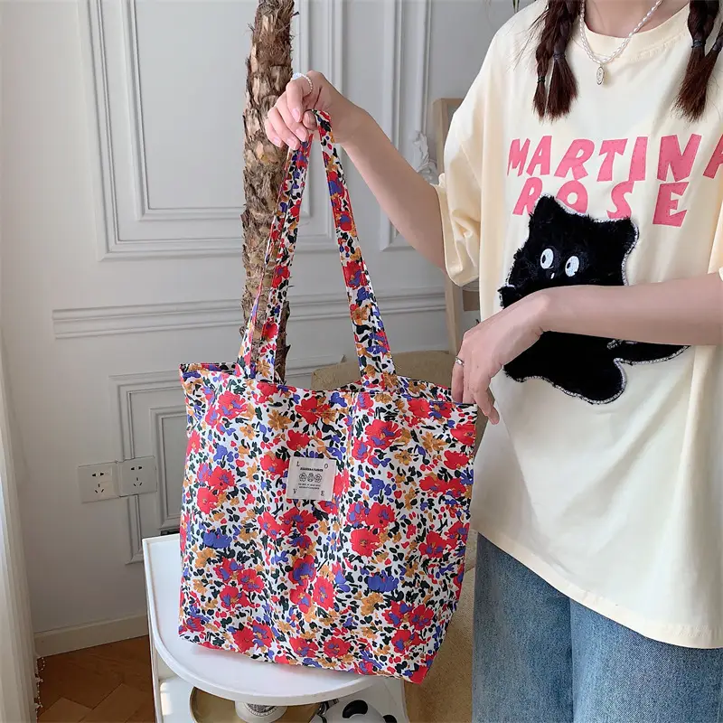 Summer Floral Canvas Beach Bag Large Capacity