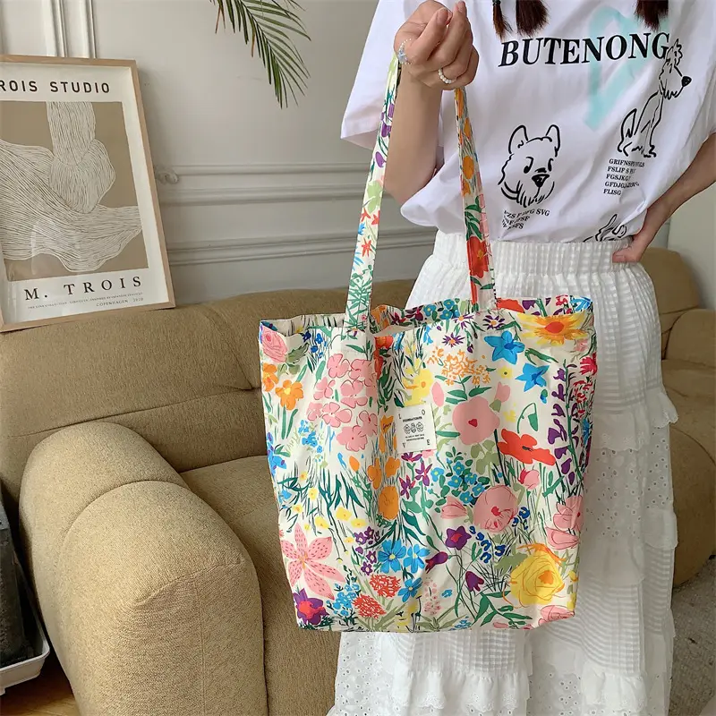 Summer Floral Canvas Beach Bag Large Capacity