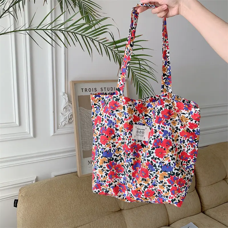 Summer Floral Canvas Beach Bag Large Capacity