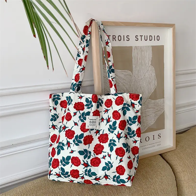 Summer Floral Canvas Beach Bag Large Capacity