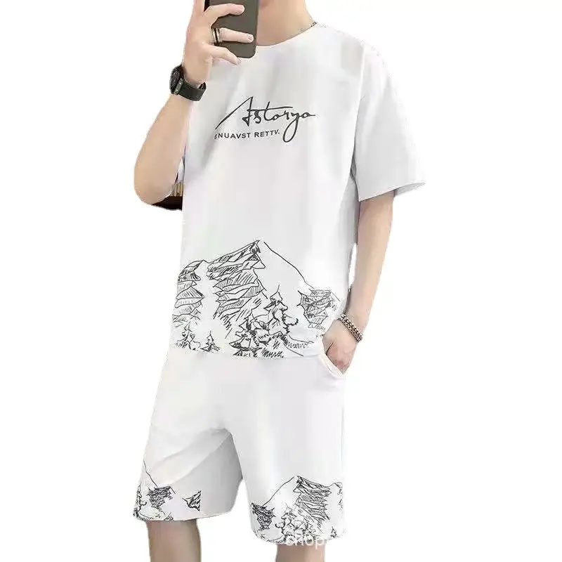Men White Mountain Print Casual Shorts Set
