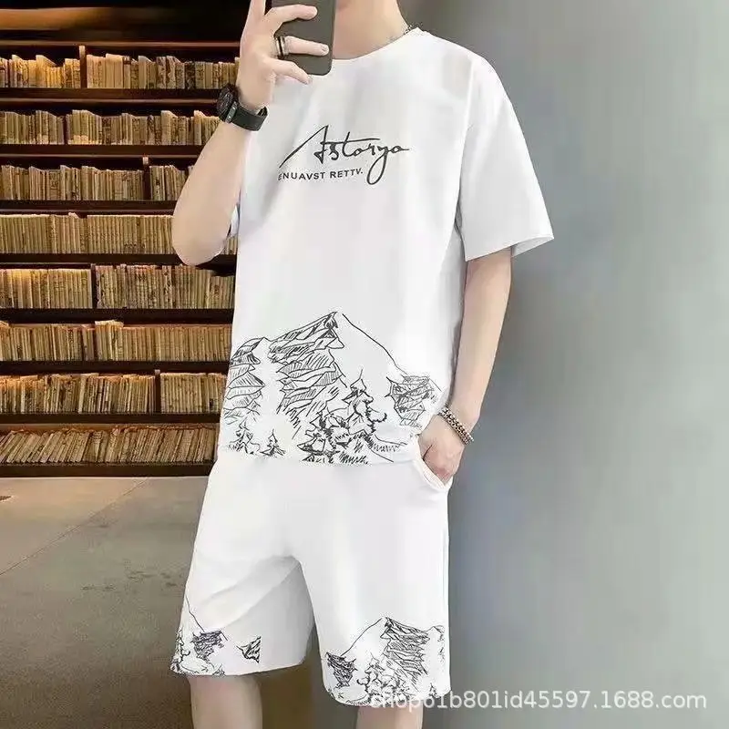 Men White Mountain Print Casual Shorts Set — feature 12
