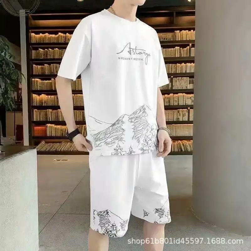 Men White Mountain Print Casual Shorts Set — feature 13