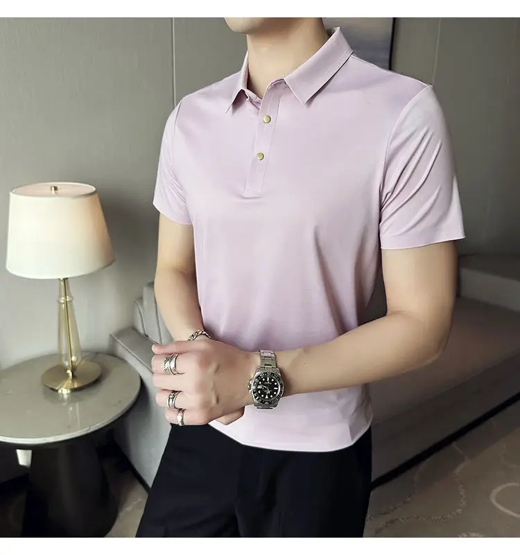 Men's Light Pink Short Sleeve Polo Shirt Business Casual Wear — feature 12