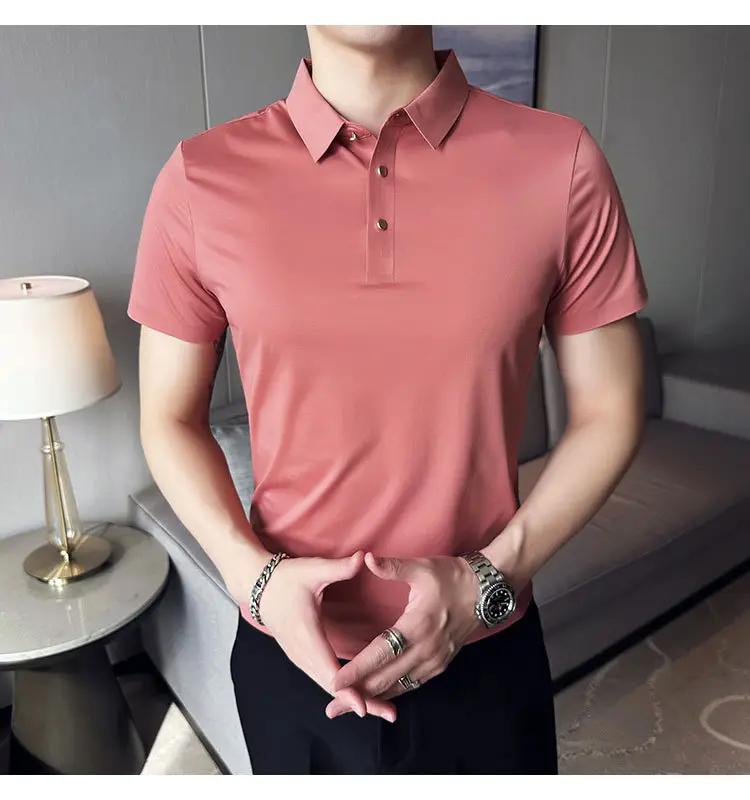 Men's Light Pink Short Sleeve Polo Shirt Business Casual Wear — feature 16