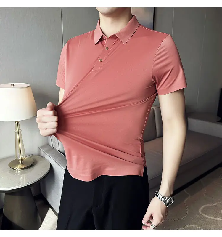 Men's Light Pink Short Sleeve Polo Shirt Business Casual Wear — feature 17