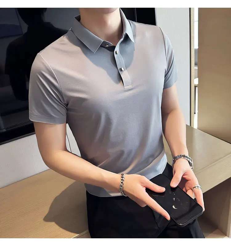 Men's Light Pink Short Sleeve Polo Shirt Business Casual Wear — feature 22