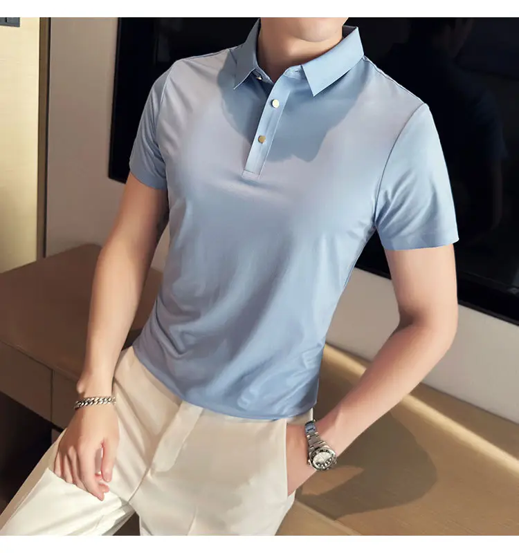 Men's Light Pink Short Sleeve Polo Shirt Business Casual Wear — feature 25