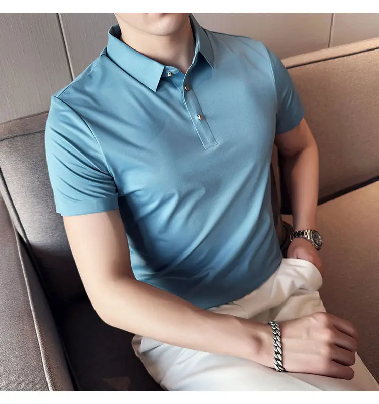 Men's Light Pink Short Sleeve Polo Shirt Business Casual Wear — feature 37