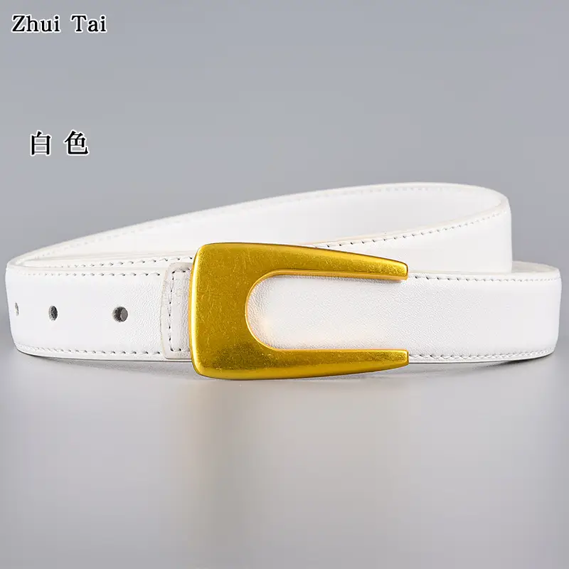 White Leather Belt with Gold Plate Buckle - Image 14