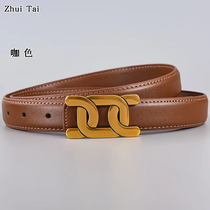 Women's Black Leather Buckle Belt with Gold Logo - Image 15