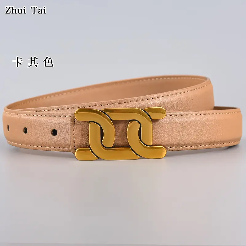 Women's Black Leather Buckle Belt with Gold Logo - Image 16