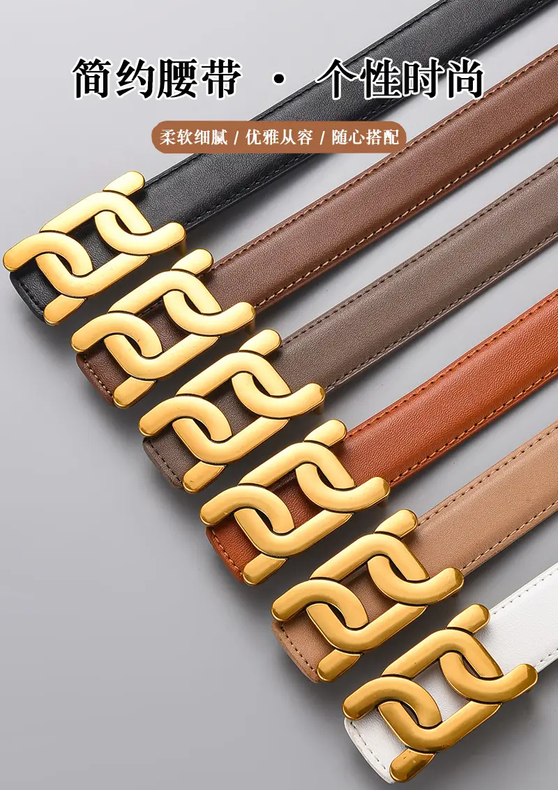 Women's Black Leather Buckle Belt with Gold Logo ā feature 1