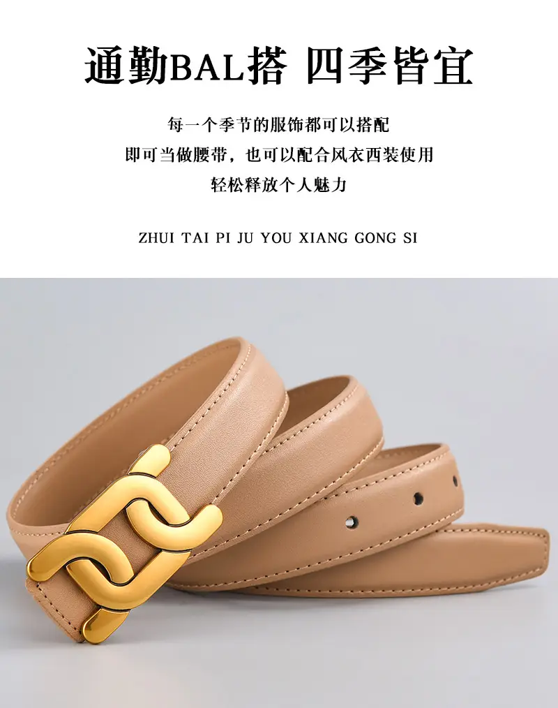 Women's Black Leather Buckle Belt with Gold Logo ā feature 2